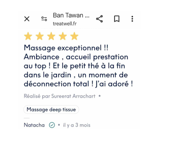Avis client, Natacha, selon d'ambience et massage de Ban Tawan sur Treatwell.fr