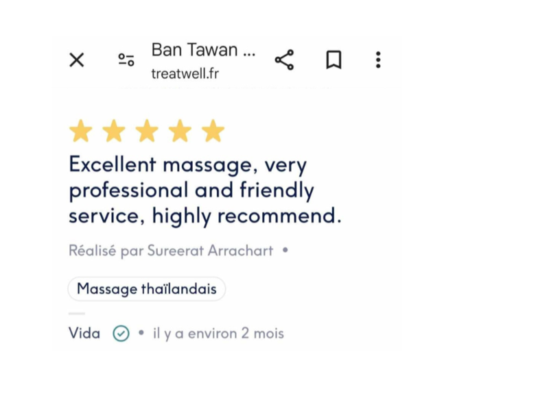 Avis client, Vida, selon de massage de Ban Tawan sur Treatwell.fr